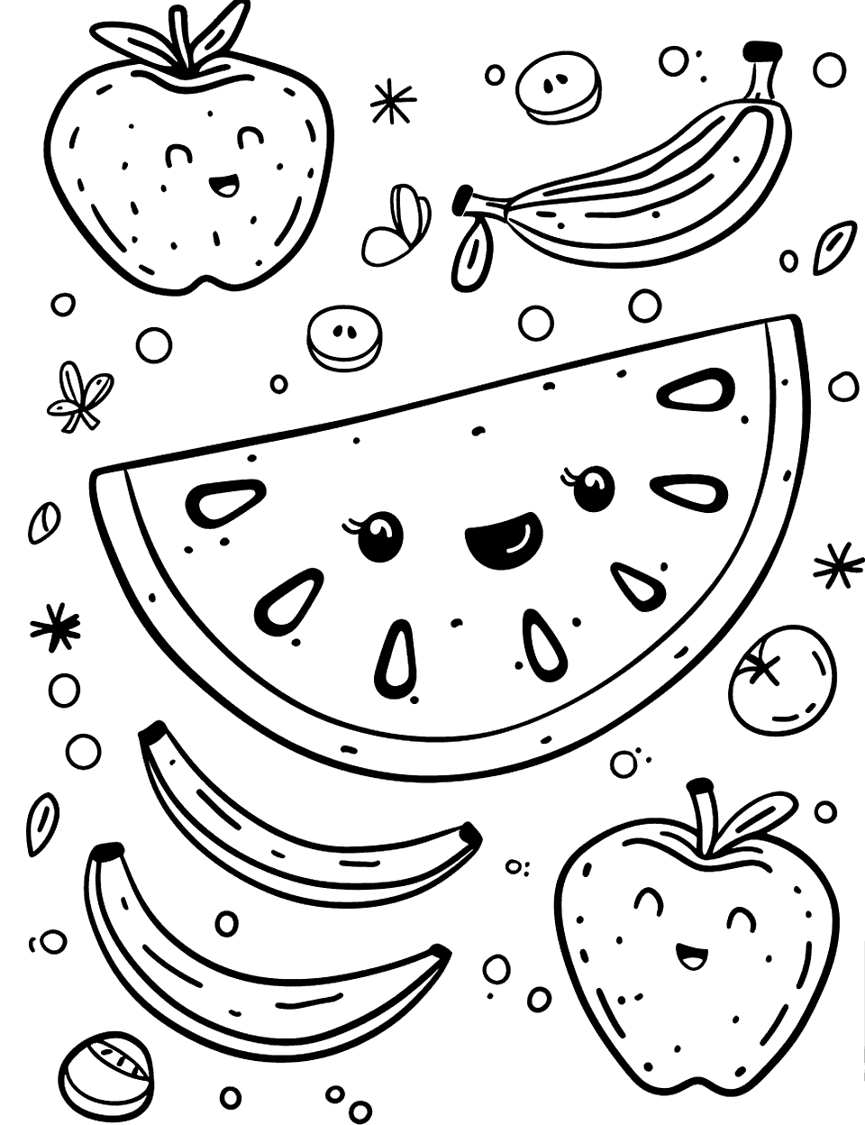 Kawaii Watermelon and Friends Coloring Page - A smiling kawaii watermelon surrounded by other fruit friends like bananas and apples.