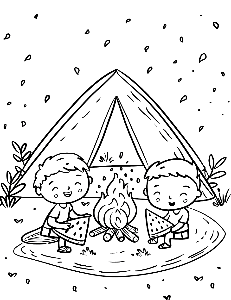 Camping with Watermelon Coloring Page - A family camping scene, enjoying watermelon around a small campfire.