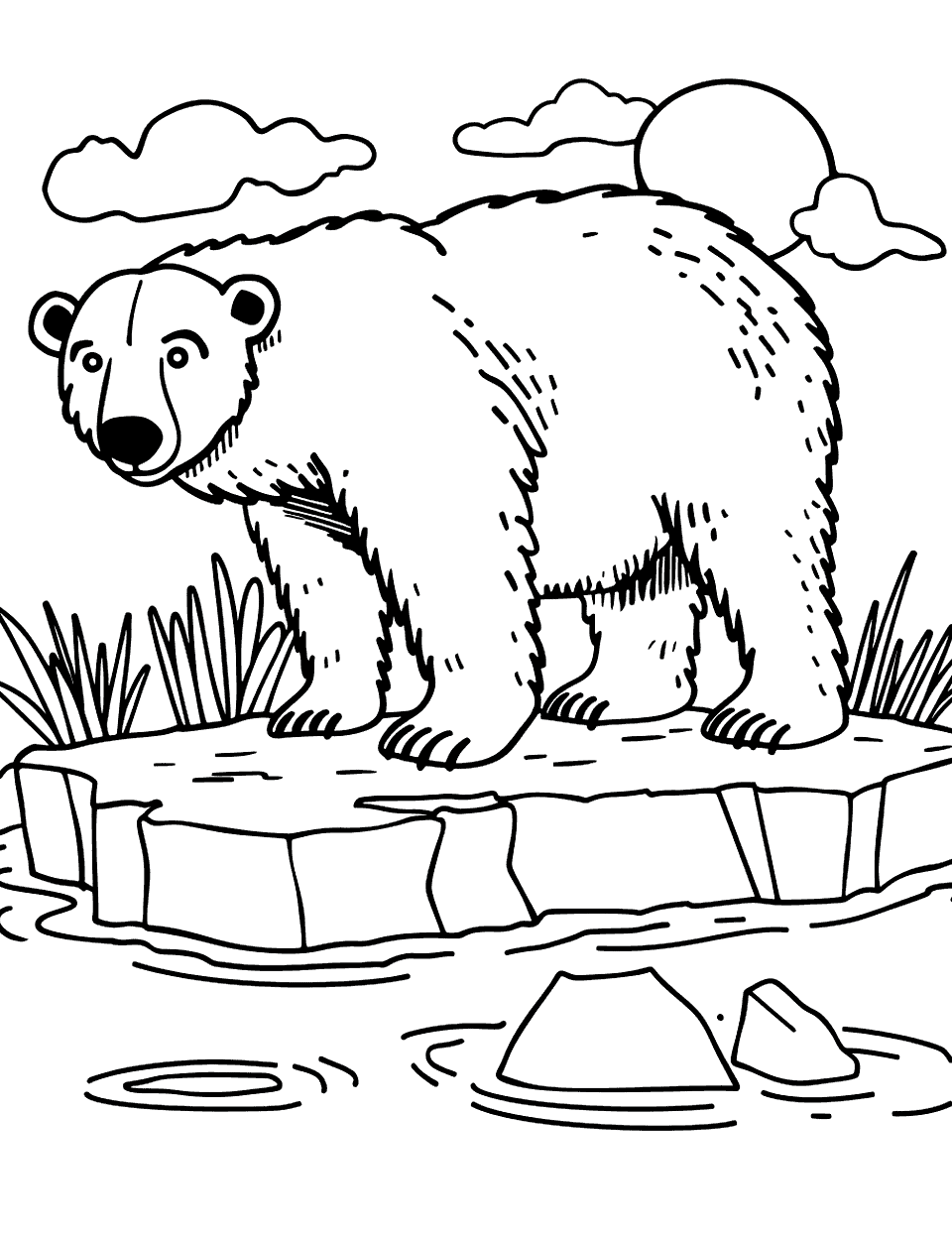 Polar Bear on Ice Floe Zoo Coloring Page - A polar bear standing on a small piece of ice in the water.