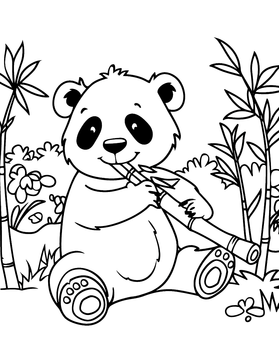 Panda Eating Bamboo Zoo Coloring Page - A panda sitting on the ground munching on bamboo shoots.