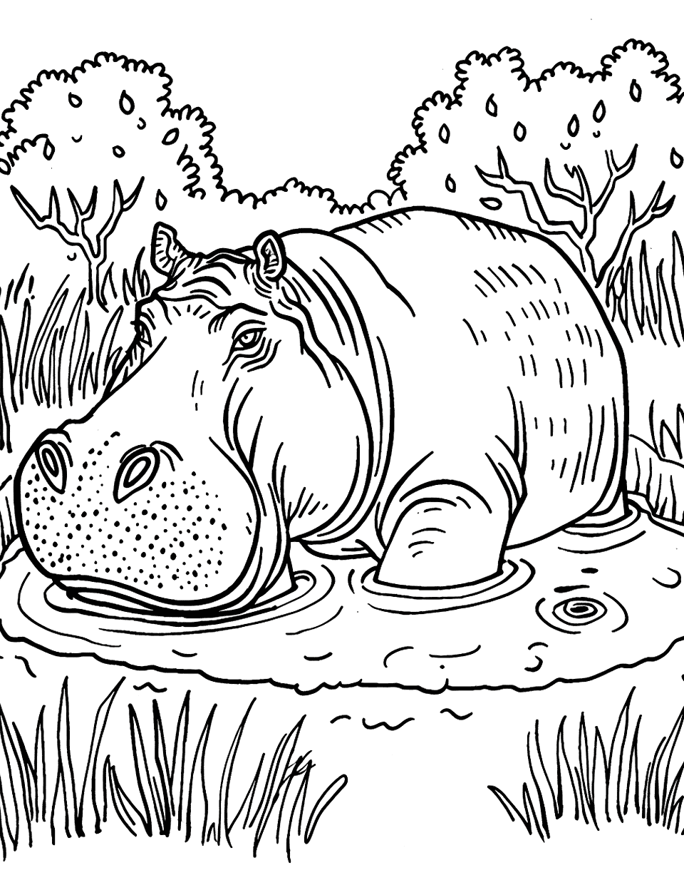 Hippo in a Mud Pool Zoo Coloring Page - A hippo relaxing in a shallow pool of mud.