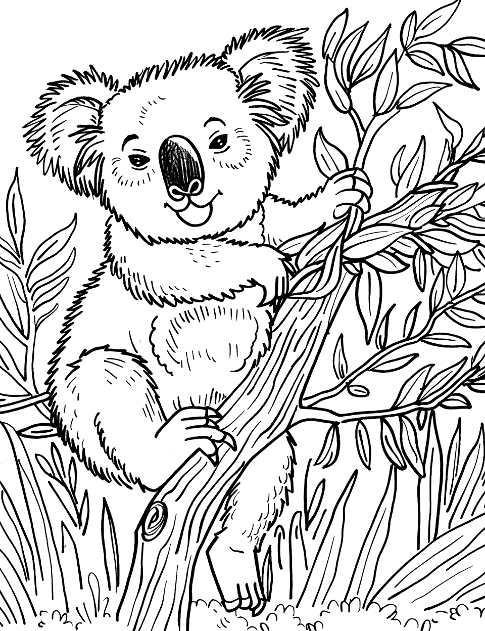 Koala in a Eucalyptus Tree Zoo Coloring Page - A koala clinging to a branch of a eucalyptus tree, nibbling on leaves.