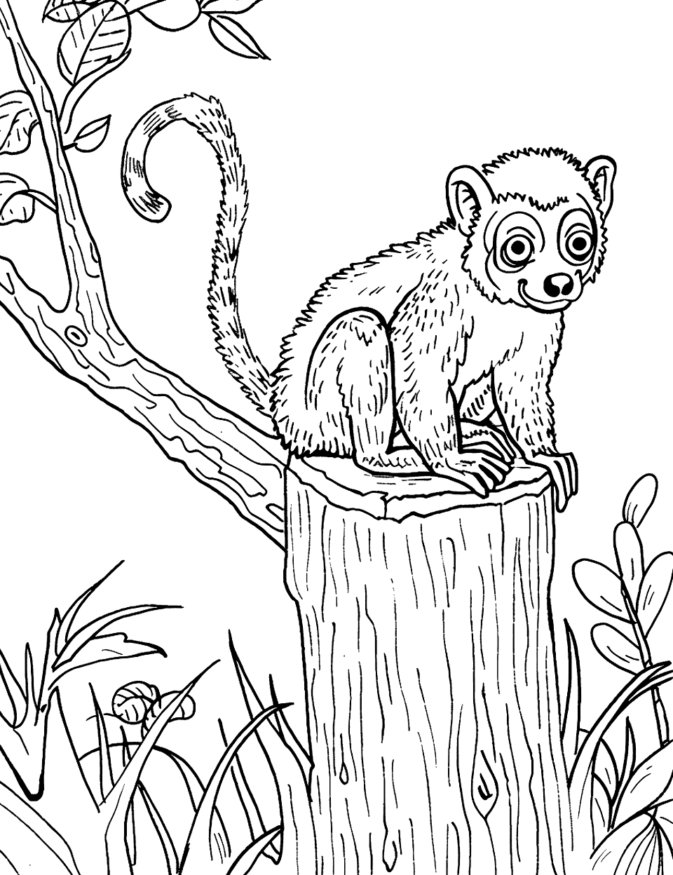 Lemur on a Tree Trunk Zoo Coloring Page - A lemur sitting on the trunk of a tree.