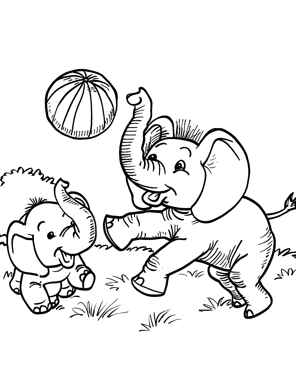 Baby Elephant Playing with a Ball Zoo Coloring Page - A baby elephant joyfully kicks a ball with its trunk.