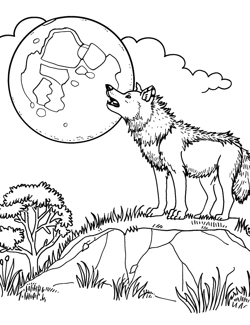 Wolf Howling at the Moon Zoo Coloring Page - A wolf standing on a hill with its head back, howling at a full moon.