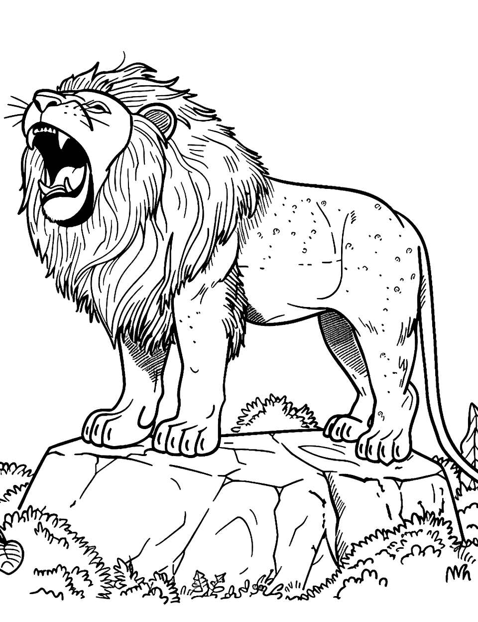 Lion Roaring on a Rock Zoo Coloring Page - A lion is standing on a rock with its mouth open in a powerful roar.