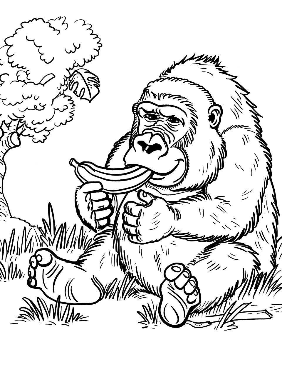 Gorilla Eating a Banana Zoo Coloring Page - A gorilla sitting on the ground eating a banana with a content expression.