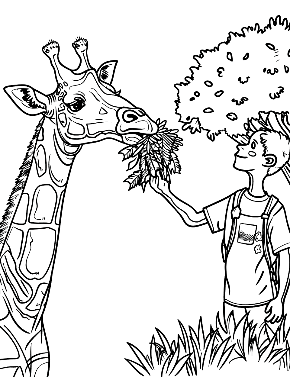 Zookeeper Feeding a Giraffe Zoo Coloring Page - A zookeeper holding a bunch of leaves up to a giraffe’s mouth.