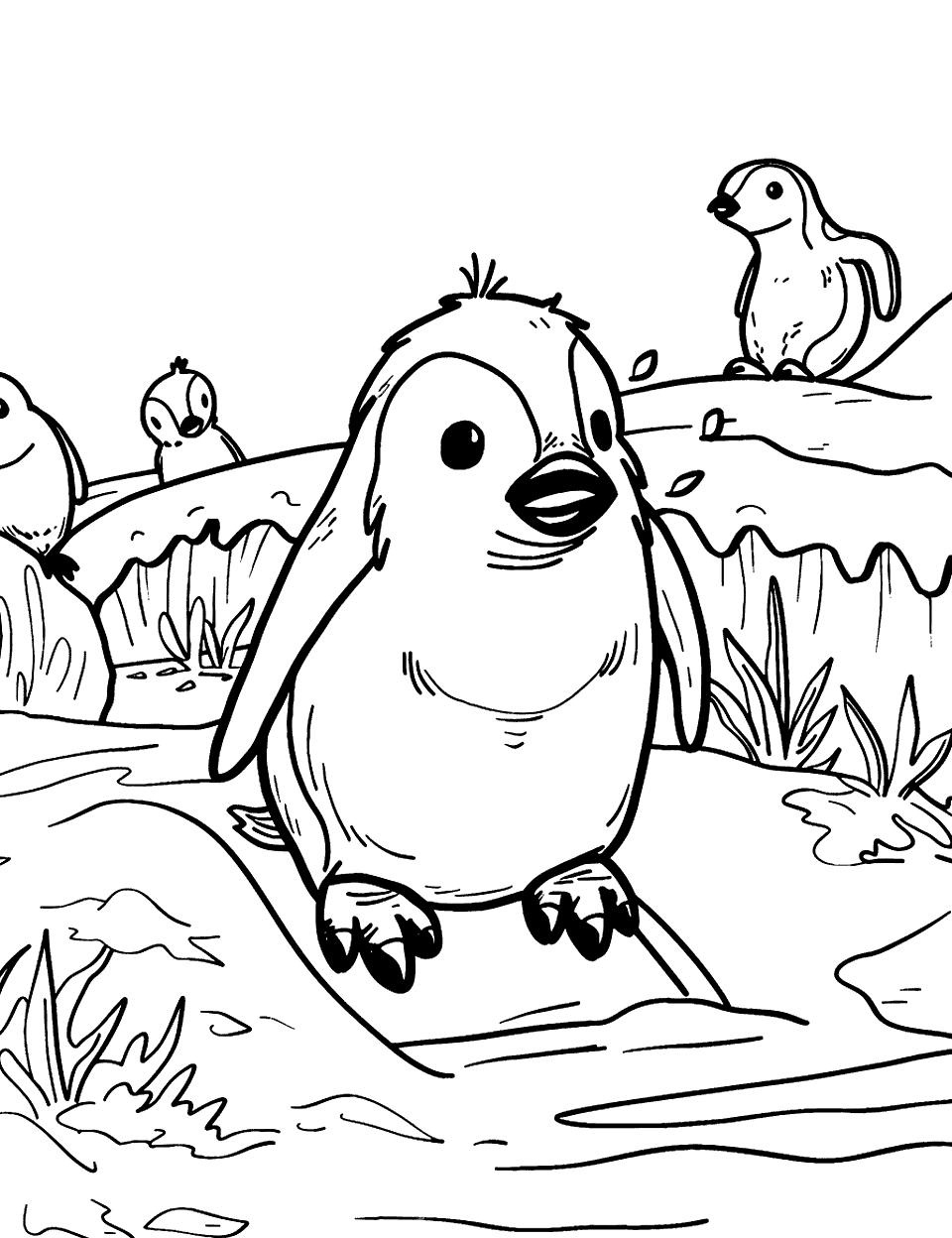 Penguin Sliding on Ice Zoo Coloring Page - Penguins are sliding down an icy slope.