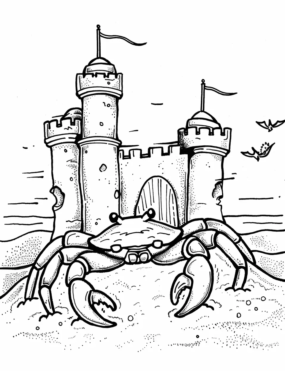 Sand Castle Guardian Crab Coloring Page - A small crab next to a sand castle is the guardian of this miniature sandy fort.