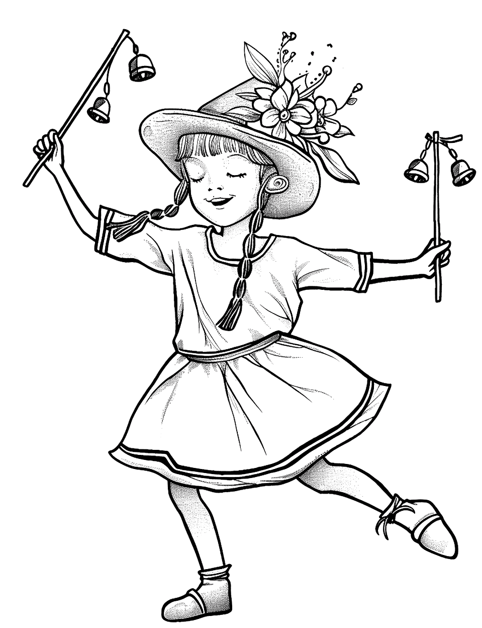 Morris Dance Tradition Coloring Page - A child dressed in traditional Morris dance attire, dancing with bells and sticks.