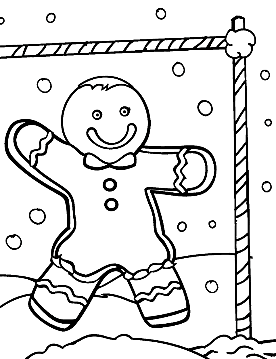 Gingerbread Sports Day Coloring Page - A gingerbread boy playing soccer with a candy cane is the goalpost.