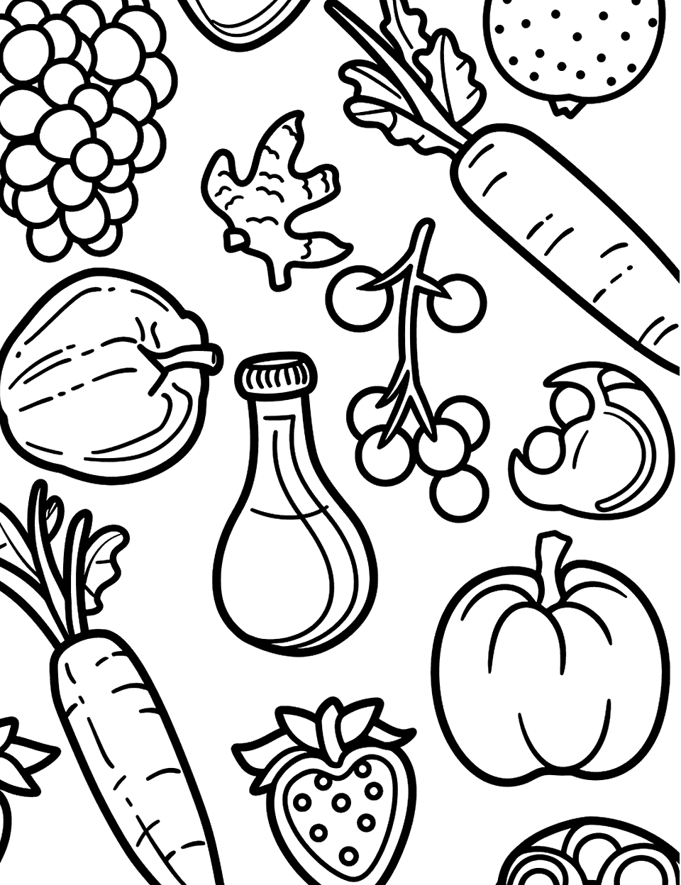 Nutrition and Health Science Coloring Page - Fruits and vegetables are laid out on a table, ready to be labeled with their health benefits.