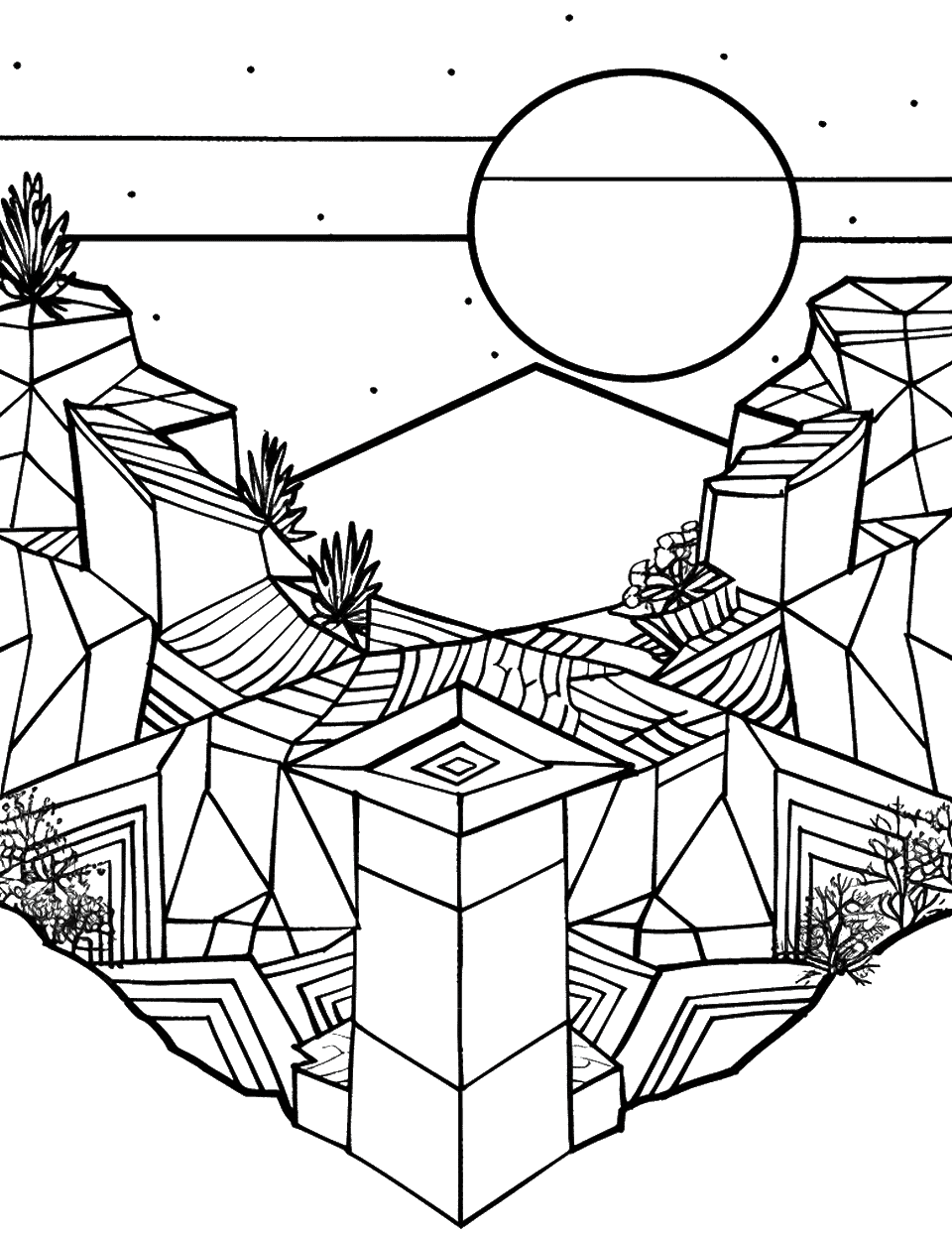 Abstract Geometric Landscape Coloring Page - A landscape scene created using abstract geometric shapes.