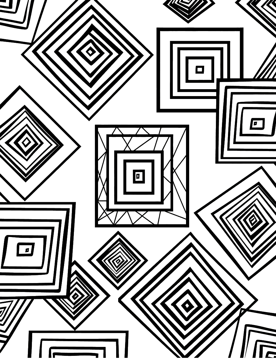 Optical Illusion Squares Geometric Coloring Page - Squares are arranged to create an optical illusion of depth and movement.