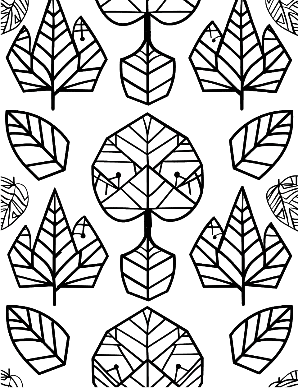 Geometric Patterns in Nature Coloring Page - Natural elements like leaves and flowers are depicted with geometric patterns.