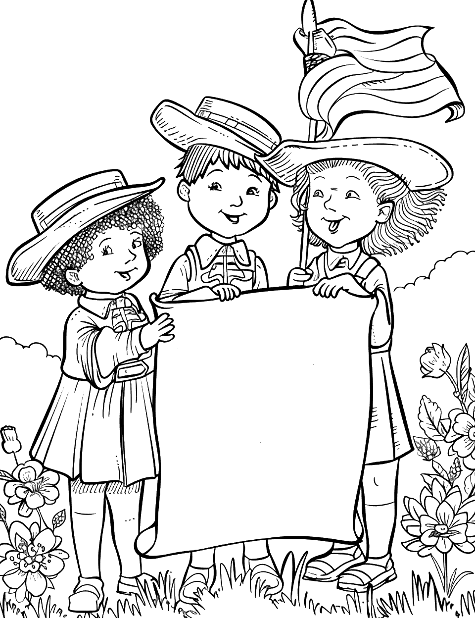 Reading the Declaration of Independence Day Coloring Page - A group of children dressed in colonial attire read a large scroll outdoors.