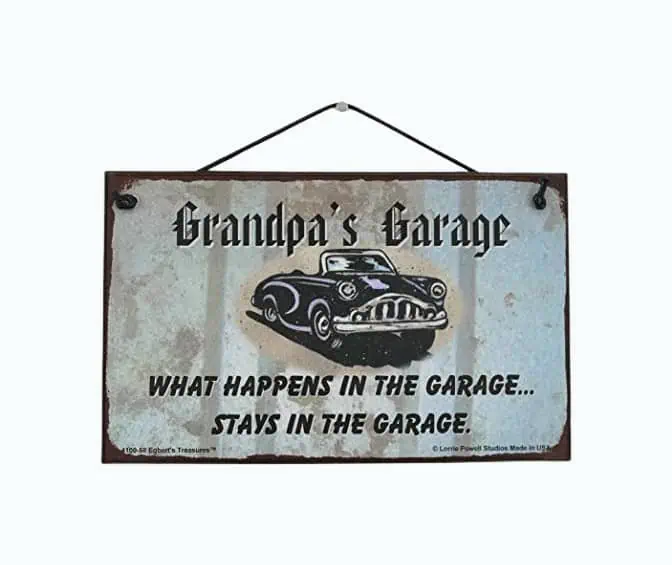Product Image of the 5x8 Vintage Style Sign with Classic Car Saying 'Grandpa's Garage WHAT HAPPENS IN...