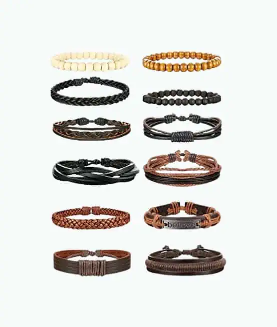Product Image of the Braid Leather and Bead Bracelet Set