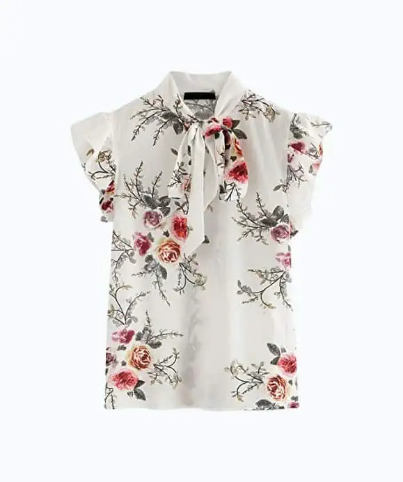Product Image of the Romwe Women's Floral Print Short Sleeve Ruffle Bow Tie Blouse Top Shirts White...
