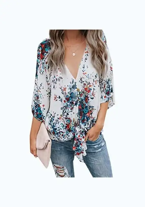 Product Image of the Womens Floral Blouses Tie Front V Neck Loose Fit Summer Blouses Short Sleeve...